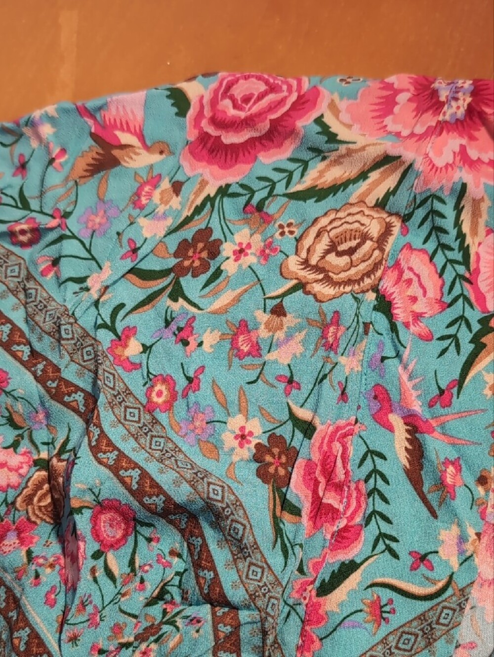 Spell Og Babushka Kimono Turquoise Floral Robe with Pink Rose and Bird Print - Picture 7 of 7